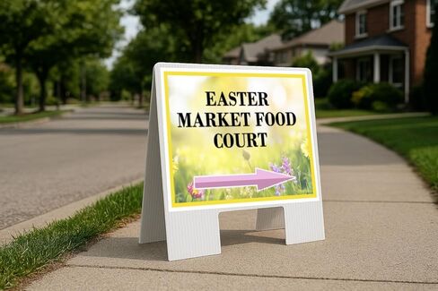 Easter Market Food Court Spring Flowers Yellow Field Directional Arrows A-Frame Double Sided 23x23 in. sign in Saudi Arabia