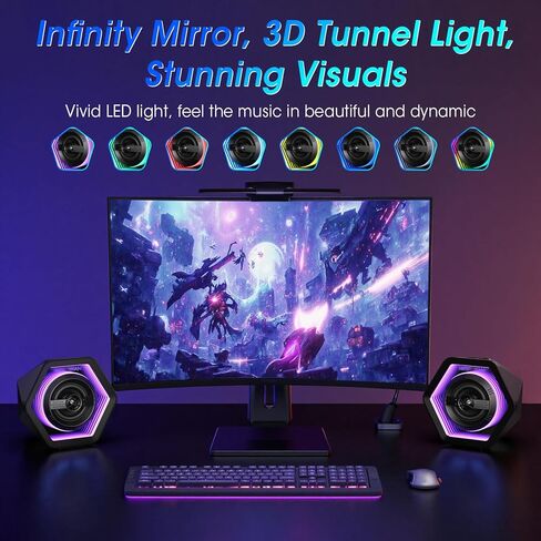مكبرات صوت لألعاب الكمبيوتر من BESTISAN مع 8 أوضاع RGB، تصميم مضغوط، مكبر صوت مكتبي يعمل بالتيار المستمر مع 3 أوضاع EQ، مكبرات صوت نشطة بقدرة 50 وات مع بلوتوث 5.3، مدخل AUX، سماعة رأس، منفذ من النوع C للكمبيوتر/الكمبيوتر المحمول/التلفزيون in Kuwait