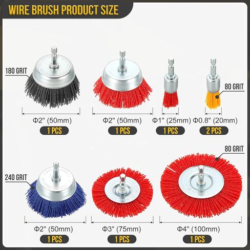 DTGN Wire Pen Cup Brush Set for Drill - 8 Pcs - Coarse Nylon Crimping Drill Wire Brush(0.05" Wires Size) - 1/4 Inch Hex Shank - Good for Cleaning Rust Paint Abrasive(0.7-4" Dia.) in Saudi Arabia