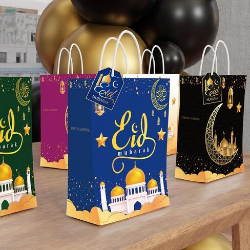 LyhongParty Eid Mubarak Decorations,16PCS Eid Mubarak Gift Bags,Included Gift Cards Tags and Tissue Paper,Ramadan Eid Goodie Bags,Eid Decorations,Eid Gift Bags(Black) in Kuwait