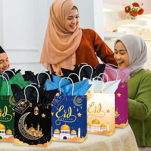 LyhongParty Eid Mubarak Decorations,16PCS Eid Mubarak Gift Bags,Included Gift Cards Tags and Tissue Paper,Ramadan Eid Goodie Bags,Eid Decorations,Eid Gift Bags(Black) in Kuwait
