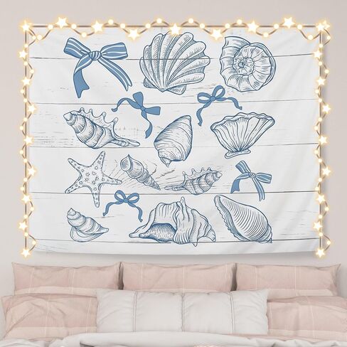 aqyip coquette الأزرق القوس صدف المحيط شاطئ نسيج الجدار شنقا، preppy شاطئ نسيج الزخرفية، الأزرق الساحلية جدار بطانية ديكور للفتيات غرفة النوم شقة غرفة نوم، 50x60 بوصة in Kuwait