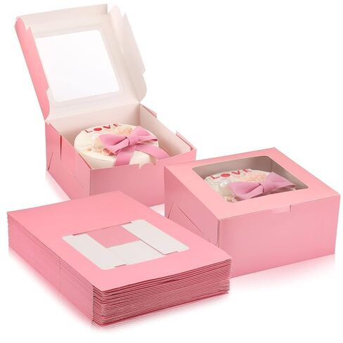 Sabary 24 Pcs Cake Boxes 10x10x5 Inch Bakery Box with Window Disposable Cake Containers Bulk Large Square Cookie Dessert Boxes for Wedding Birthday Party Pie Cupcakes Pastry Chocolates(Pink) in Saudi Arabia