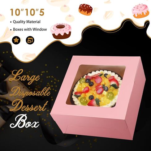 Sabary 24 Pcs Cake Boxes 10x10x5 Inch Bakery Box with Window Disposable Cake Containers Bulk Large Square Cookie Dessert Boxes for Wedding Birthday Party Pie Cupcakes Pastry Chocolates(Pink) in Saudi Arabia