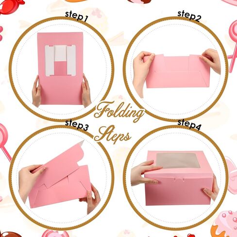 Sabary 24 Pcs Cake Boxes 10x10x5 Inch Bakery Box with Window Disposable Cake Containers Bulk Large Square Cookie Dessert Boxes for Wedding Birthday Party Pie Cupcakes Pastry Chocolates(Pink) in Saudi Arabia