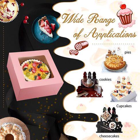 Sabary 24 Pcs Cake Boxes 10x10x5 Inch Bakery Box with Window Disposable Cake Containers Bulk Large Square Cookie Dessert Boxes for Wedding Birthday Party Pie Cupcakes Pastry Chocolates(Pink) in Saudi Arabia