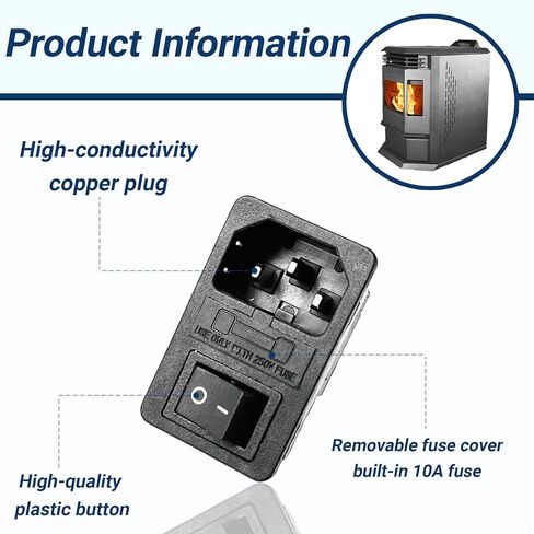 10A 250V Main Power Switch Compatible with Stove, Fit for ComfortBilt HP21 HP22 HP22I HP41 HP42 HP50 HP50GC AC-01, 3Pin Inlet Male Power Socket Fuse Holder, Black in Kuwait