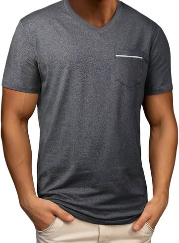 Men's V Neck T Shirts Gym Running Athletic Golf Tops Short Sleeve Workout Blouse Moisture Wicking Tshirt with Pocket in Saudi Arabia