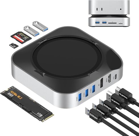قاعدة توصيل Mac mini M4، محطة إرساء شاشة مزدوجة، ملحقات Mac mini، موزع USB C مع حاوية NVMe SSD، 2 × USB-A بسرعة 10 جيجابت في الثانية، 3 × USB-A بسرعة 5 جيجابت في الثانية، 4K60 HDMI، منفذ DisplayPort، قارئ بطاقات SD/TF in Kuwait