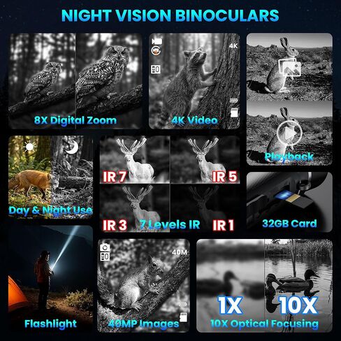نظارات الرؤية الليلية - مناظير للرؤية الليلية 4K 5W مع تكبير رقمي 8X، رؤية واضحة في الظلام، حفظ الصور ومقاطع الفيديو باستخدام بطاقة TF سعة 32 جيجابايت in Kuwait