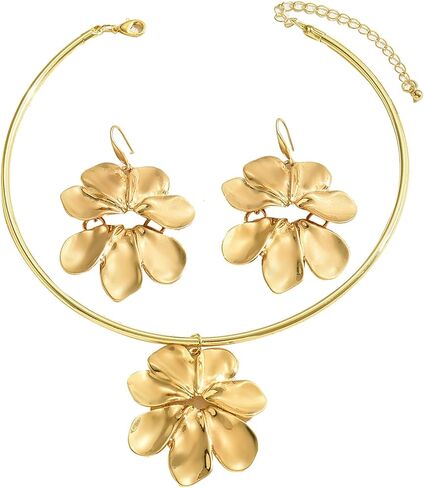 Gold Flower Earrings Necklace Set Vintage Large Double Flower Pendant Earrings Summer Spring Charm White Flower Statement Necklace Trendy Double Flower Jewelry For Women in Kuwait