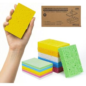 إسفنجات مطبخ ميتفلافور، 12 قطعة، إسفنجات سيليلوز طبيعية مضغوطة سميكة، غير قابلة للخدش للأطباق، قابلة للتحلل الحيوي وقابلة للتحلل، منبثقة لسهولة التخزين in Kuwait