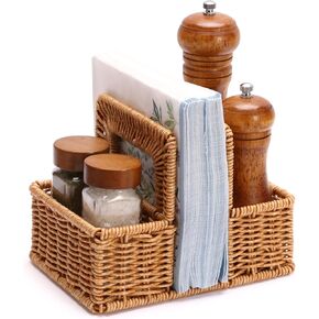 Rattan Napkin Holder with Salt and Pepper Shakers Holder - Tabletop Organizer for Kitchen - Ideal for Paper Napkins (Without Salt, Pepper Shakers & Napkins) in Saudi Arabia