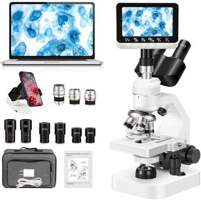مجهر ثلاثي العينيات تكبير 40x-2000x مرحلة مزدوجة الطبقة مع أضواء LED في الأعلى والأسفل، مقابض تركيز مزدوجة سميكة ورقيقة، مجهر بيولوجي احترافي (شاشة 4.3 بوصة) in Kuwait