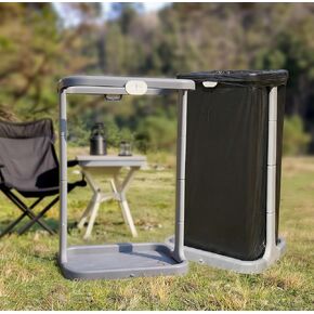 حامل أكياس القمامة القابل للطي في الهواء الطلق من MRBIN، حامل منظم أوراق التخييم قابل للطي ومحمول للمطبخ، RV، الباب الخلفي، الحفلات، الحديقة، تحت المغسلة، يتضمن تثبيتًا آمنًا على الأرض، رمادي in Kuwait