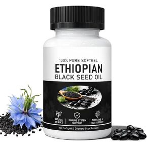 زيت الحبة السوداء الإثيوبية، معصور على البارد من بذور الكمون الأسود النقي، غني بالثيموكينون، غير معدل وراثيًا، خالي من الغلوتين، 60 كبسولة هلامية in Kuwait