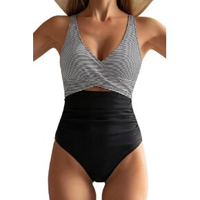 Womens One Piece Swimsuit, Tummy Control Full Coverage, Color Block Ruched Wrap V-Neck, Beach & Vacation in Saudi Arabia