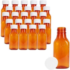 Generic زجاجات طبية سائلة بيضاوية من البلاستيك باللون الكهرماني، 2 أونصة، (25 قطعة)، غطاء / غطاء أمان مقاوم للأطفال، زجاجة توزيع الوصفات الطبية الصيدلانية in Kuwait
