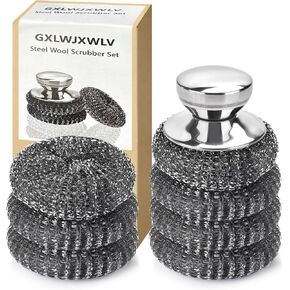 7 قطع وسادات تنظيف من الصوف الفولاذي، مجموعة تنظيف من الفولاذ المقاوم للصدأ مع مقبض قطعة واحدة، أجهزة تنظيف معدنية لتنظيف المطبخ والمنزل، والأطباق، والمواقد، والشواية، وحوض الغسيل، والأواني in Kuwait