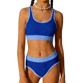 بيكيني للفتيات كتلة اللون الأشرطة قابل للتعديل بيكيني الفتيات مجموعات ثوب السباحة قطعتين مع وسادة الصدر ملابس السباحة 7-18T in Kuwait