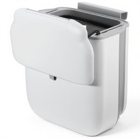 1 Pcs Foldable Hanging Trash Can, 2.6 Gallon Wall Mounted Kitchen Waste Bin with Lid Foldable Plastic Waste Bin Expandable Hanging Trash Can for Kitchen, Bathroom, Cabinet (White, Grey) in Saudi Arabia