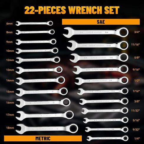 KOOPOOL Ratchet Wrenches Set, 22-Piece Combination Wrench Set, Metric & SAE, Anti-Slip Grip, CR-V Steel, 1/4" to 3/4" & 6mm to 18mm, Portable Oxford Pouch Organizer in Kuwait