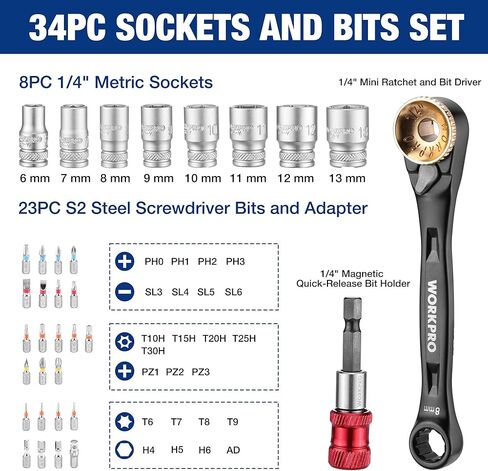 WORKPRO 34-Piece 1/4" Mini Ratchet Wrench Set, 72-Tooth, Right Angle Screwdriver Mens Gifts, 90 Degree Offset Ratcheting Screwdriver Mini Low Profile Ratchet Wrench Bit Socket Set for Tight Space in Saudi Arabia