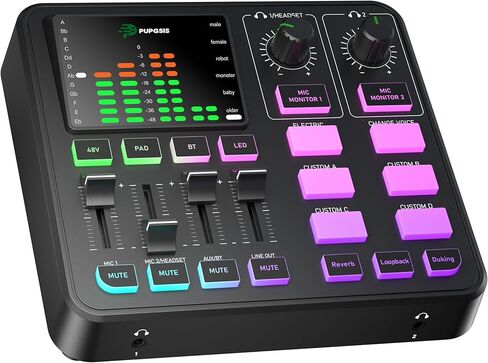 PUPGSIS Gaming Audio Mixer, Audio Interface for PC/Podcast/Streaming, Sound Board with 3.5mm/XLR Mic Input, 48V Phantom Power, Voice Changer, Live Sound Card with DJ Mixer Effects/Bluetooth(White) in Kuwait