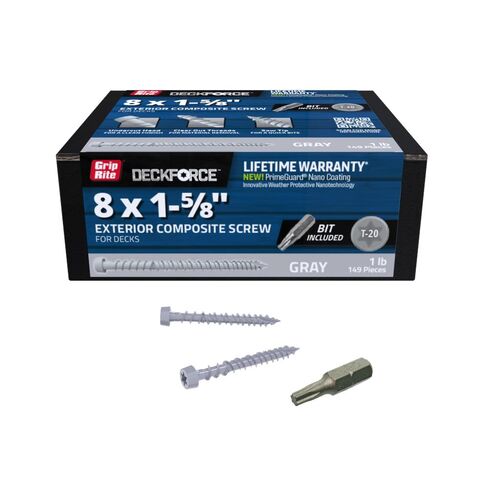 Grip-Rite DeckForce Exterior Composite Deck Screws for PVC and Composite Deck Projects - Nano Coated Screws - T-17 Saw Tip - Grey - #8 x 1-5/8" - 1 Lb Box - GRDFCS158HAG1 in Saudi Arabia