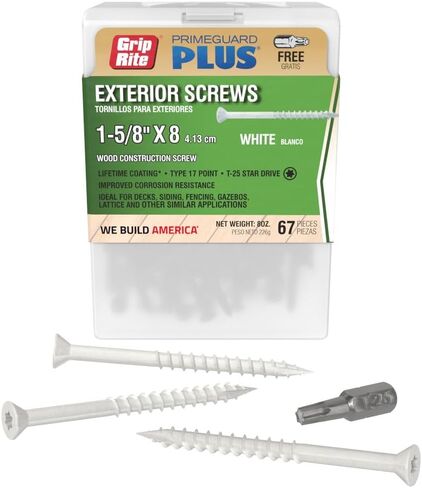 Grip-Rite PrimeGuard Plus Premium Deck Screws for Outdoor Projects - Bugle Head - T-25 Star Drive - Coarse Thread Wood Screws - 9 x 2-1/2" - 40 Count Box - White - P212STWH40 in Saudi Arabia