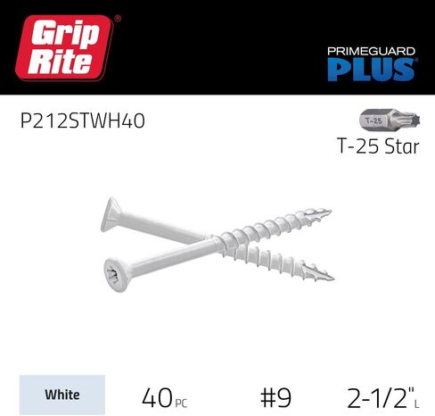 Grip-Rite PrimeGuard Plus Premium Deck Screws for Outdoor Projects - Bugle Head - T-25 Star Drive - Coarse Thread Wood Screws - 9 x 2-1/2" - 40 Count Box - White - P212STWH40 in Saudi Arabia