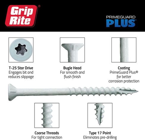 Grip-Rite PrimeGuard Plus Premium Deck Screws for Outdoor Projects - Bugle Head - T-25 Star Drive - Coarse Thread Wood Screws - 9 x 2-1/2" - 40 Count Box - White - P212STWH40 in Saudi Arabia
