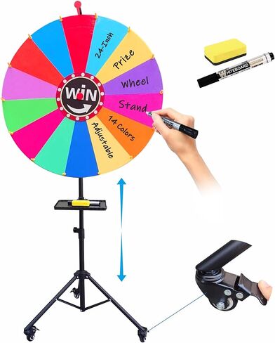 عجلة جائزة دوارة مقاس 24 بوصة، قابلة للتعديل بارتفاع 37 بوصة - 65 بوصة، عجلة دوارة لألعاب الشعار المبتكرة قابلة للتخزين مع حامل ثلاثي القوائم، لعبة عجلة الحظ، 14 لونًا in Kuwait