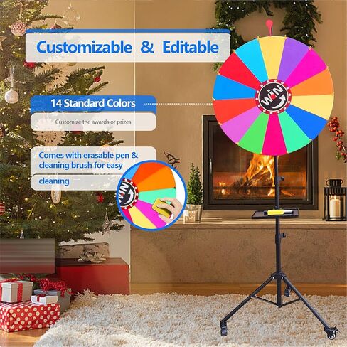 عجلة جائزة دوارة مقاس 24 بوصة، قابلة للتعديل بارتفاع 37 بوصة - 65 بوصة، عجلة دوارة لألعاب الشعار المبتكرة قابلة للتخزين مع حامل ثلاثي القوائم، لعبة عجلة الحظ، 14 لونًا in Kuwait