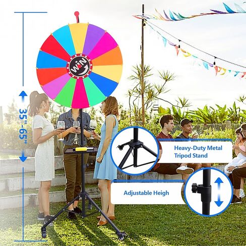 عجلة جائزة دوارة مقاس 24 بوصة، قابلة للتعديل بارتفاع 37 بوصة - 65 بوصة، عجلة دوارة لألعاب الشعار المبتكرة قابلة للتخزين مع حامل ثلاثي القوائم، لعبة عجلة الحظ، 14 لونًا in Kuwait