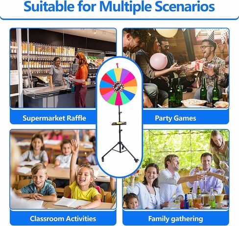 عجلة جائزة دوارة مقاس 24 بوصة، قابلة للتعديل بارتفاع 37 بوصة - 65 بوصة، عجلة دوارة لألعاب الشعار المبتكرة قابلة للتخزين مع حامل ثلاثي القوائم، لعبة عجلة الحظ، 14 لونًا in Kuwait
