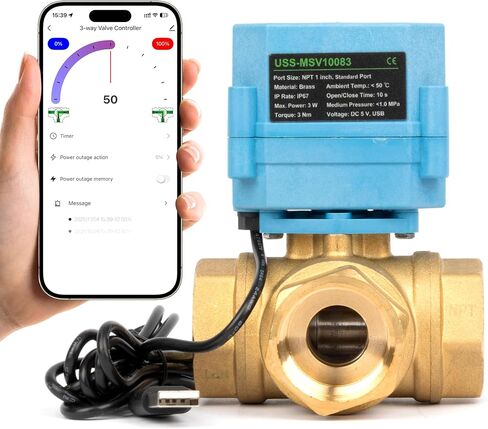 U.S. Solid WiFi Smart Motorized Ball Valve 1 inch NPT for Water Control & Irrigation, 3 Way 304SS Electric Valve, USB Plug, LED Indicator, Flow Direction Window, Remote On/Off Control, NSF Certified in Saudi Arabia
