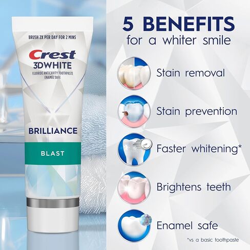 معجون أسنان كريست 3D وايت بريليانس بلاست لتبييض الأسنان، 4.6 أونصة، معجون أسنان مضاد للتجويف بالفلورايد، إزالة البقع السطحية بنسبة 100%، منع البقع بشكل نشط لمدة 24 ساعة in Kuwait