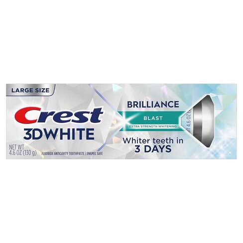 معجون أسنان كريست 3D وايت بريليانس بلاست لتبييض الأسنان، 4.6 أونصة، معجون أسنان مضاد للتجويف بالفلورايد، إزالة البقع السطحية بنسبة 100%، منع البقع بشكل نشط لمدة 24 ساعة in Kuwait