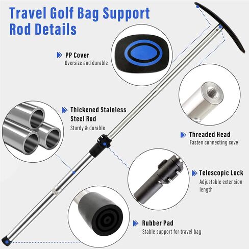 عمود دعم حقيبة سفر الجولف، 33 بوصة - 60 بوصة، قضيب دعم حقيبة سفر الجولف تلسكوبي قابل للتعديل، واقي نادي الذراع الصلب من الفولاذ المقاوم للصدأ (غطاء أزرق) in Kuwait
