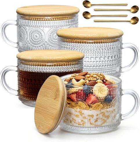 DOPUDO Vintage Glass Coffee Mugs, Overnight Oats Containers With Lids,Glass Cup With Sealed Lid and Spoon,Glass Coffee Mugs, Coffee Bar Accessories, Ideal for Cappuccino, Latte(2-Pack,14oz) in Saudi Arabia