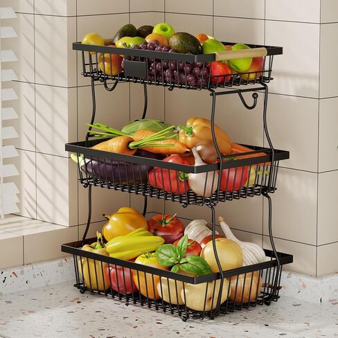 2 Tier Fruit Basket for Kitchen Counter with 2 Banana Hangers, Countertop Metal Bread Basket with Wooden Handle, Large Storage Stand for Vegetables, Snacks, Eggs, Produce Storage – Black in Saudi Arabia