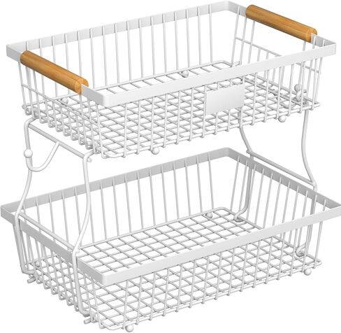 2 Tier Fruit Basket for Kitchen Counter with 2 Banana Hangers, Countertop Metal Bread Basket with Wooden Handle, Large Storage Stand for Vegetables, Snacks, Eggs, Produce Storage – Black in Saudi Arabia
