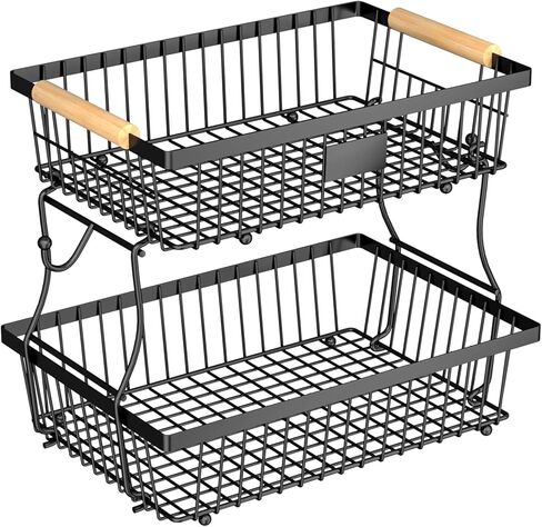 2 Tier Fruit Basket for Kitchen Counter with 2 Banana Hangers, Countertop Metal Bread Basket with Wooden Handle, Large Storage Stand for Vegetables, Snacks, Eggs, Produce Storage – Black in Saudi Arabia
