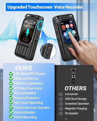 AI Voice Recorder, Vormooi 2" Touchscreen Digital Recorder with Real-time Transcribe Summarize, 100Hrs Recording Device with Noise Reduction, Password for Meetings Interviews Lectures in Kuwait