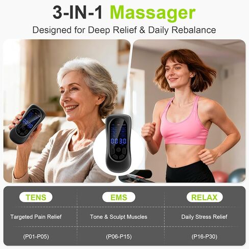 TENS Machine 3-in-1 for Muscle Relaxation - Single Channel with 18 Training Programs, 2 Flexible Cables, 6 Modes 30 Intensities, Type-C Rechargeable，Black in Saudi Arabia