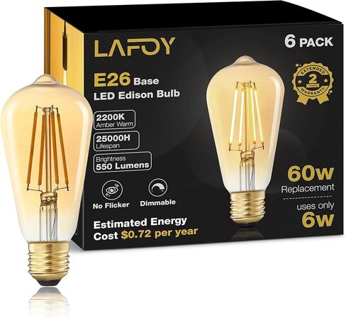 مصابيح Lafoy Amber Edison الكهربائية 2200K ناعمة دافئة، E26 LED لمبة 60 وات مكافئة، 6W ST58 Teardrop Antique Style 60W استبدال، 550 Lumen Medium Base Lightbulbs، 120V 6 Pack in Saudi Arabia