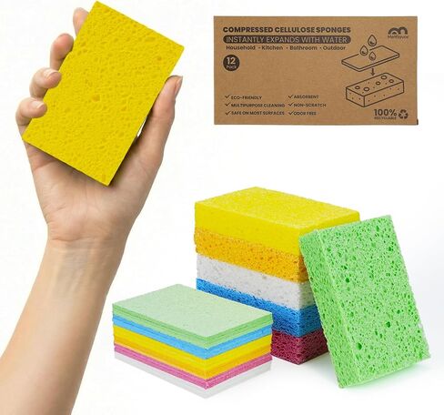 إسفنجات مطبخ ميتفلافور، 12 قطعة، إسفنجات سيليلوز طبيعية مضغوطة سميكة، غير قابلة للخدش للأطباق، قابلة للتحلل الحيوي وقابلة للتحلل، منبثقة لسهولة التخزين in Kuwait