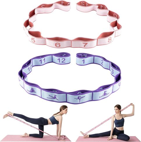 2PCS Elastic Yoga Stretching Strap with 12 Loops Stretch Resistance Exercise Bands for Yoga,Pilates,Dance,Rhythmic Gymnastics,Physical Therapy,Ballet Couple Style in Saudi Arabia