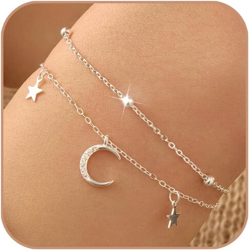 925 Sterling Silver Dainty Moon Star Link Bracelet for Women Sparkling Cubic Zirconia Layer Charm Bracelet Hypoallergenic Adjustable Chain Trendy Personalized Jewelry for Mom Daughter Wife Christmas Wedding Gift in Saudi Arabia